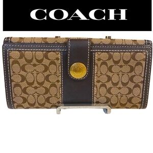 COACH Signature “C” Brown Canvas Leather Trim Bifold Long Wallet, EUC